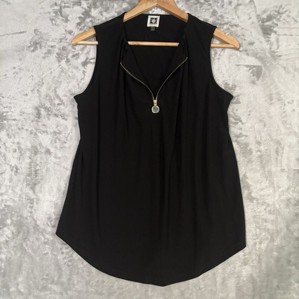 Anne Klein Women's Black Sleeveless Zip Front Blouse Solid Size S Gold Luxury